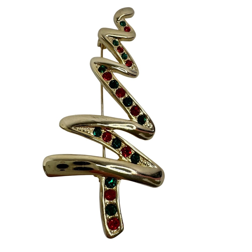 Gold Tone Abstract Christmas Tree Brooch Red Green Rhinestone Zigzag Holiday Pin
